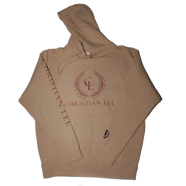 Mens Tan Hoodie - Red CL Laurel Logos